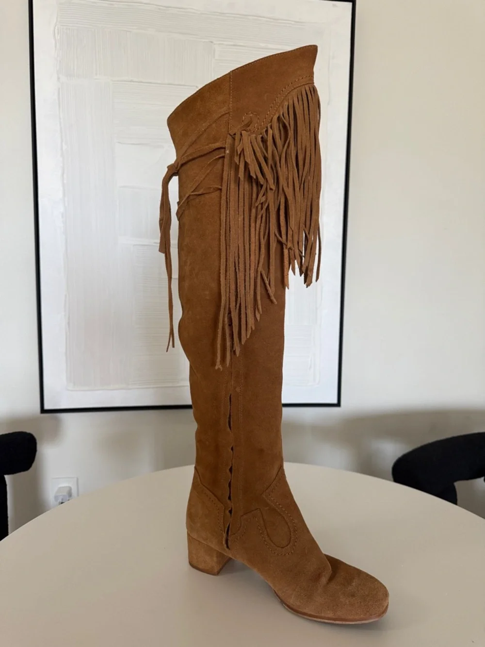 ZARA Festival Fringe Over-the-Knee Suede Boots - Tan